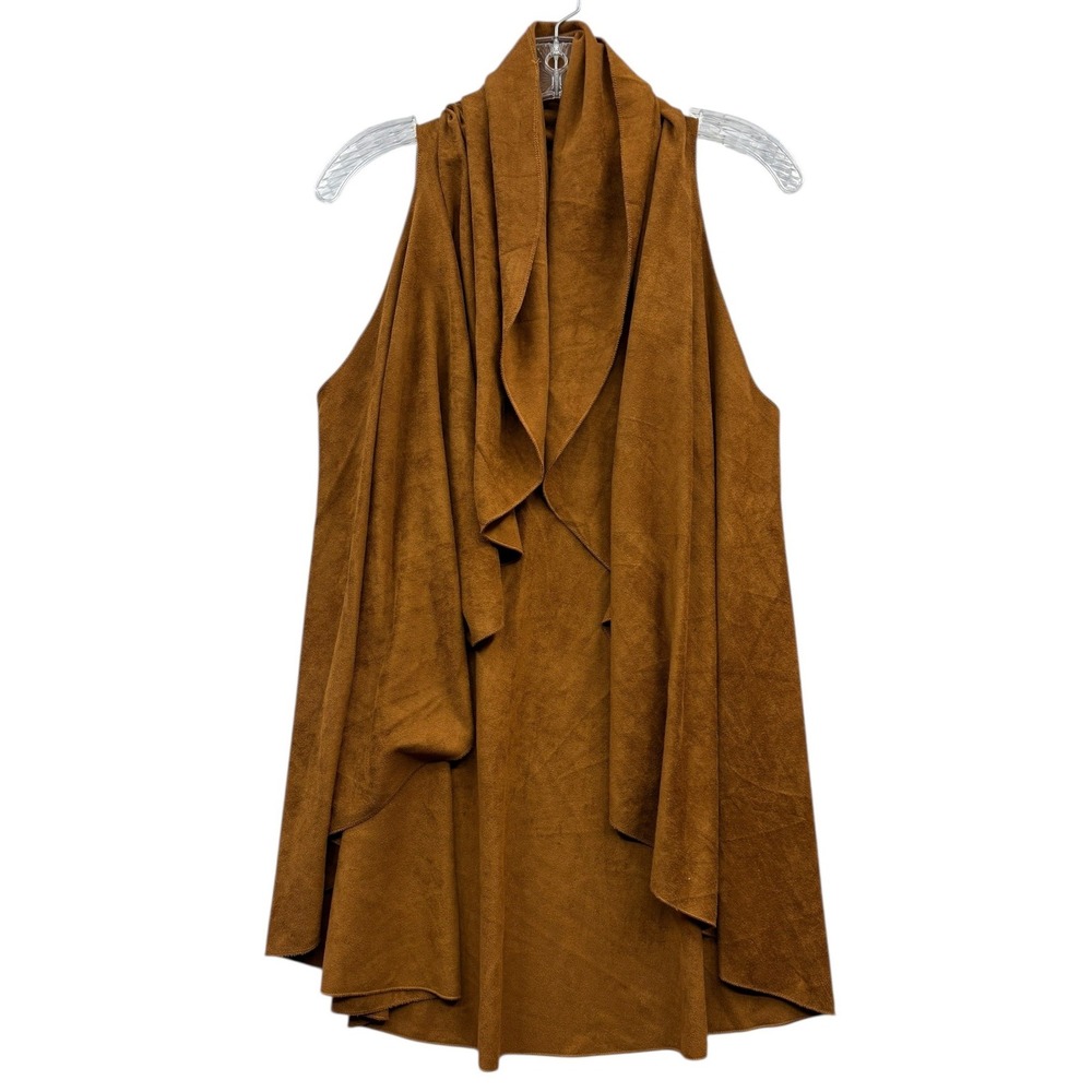 Brown Boho Festival Waterfall Drape Open‎ Front Sleeveless Faux Suede Vest M